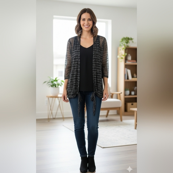 Chico's Sweaters - Chico's Black and Gray Striped Cardigan, Transparent